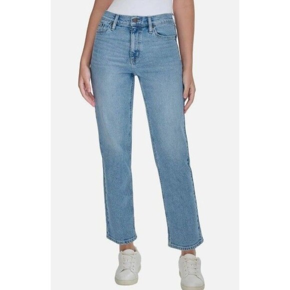 CALVIN KLEIN High Rise Straight Leg Jeans Sz 14 Light Blue Denim Crop Ankle NWT - Picture 2 of 15